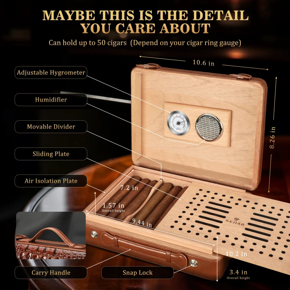 kf Sf95b3f709f1c44038d0a64dfca4a099dg Cigar Humidor Case with Hygrometer Humidor Box Humidifier Divider Travel Cigar Case Cedar Wood Hold up Zigarren-Humidor-Etui mit Hygrometer