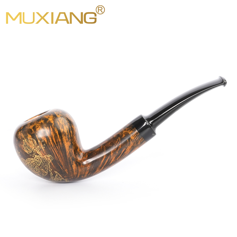 MUXIANG Handmade Briar Wood Shadow Carved Acorn Pipe with Lotus Flower Carving